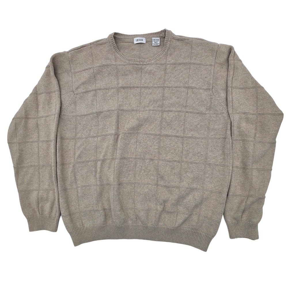 IZOD Sweater Men XXL Tan Beige Grid Textured Cotton Crew Neck Long Sleeve Preppy